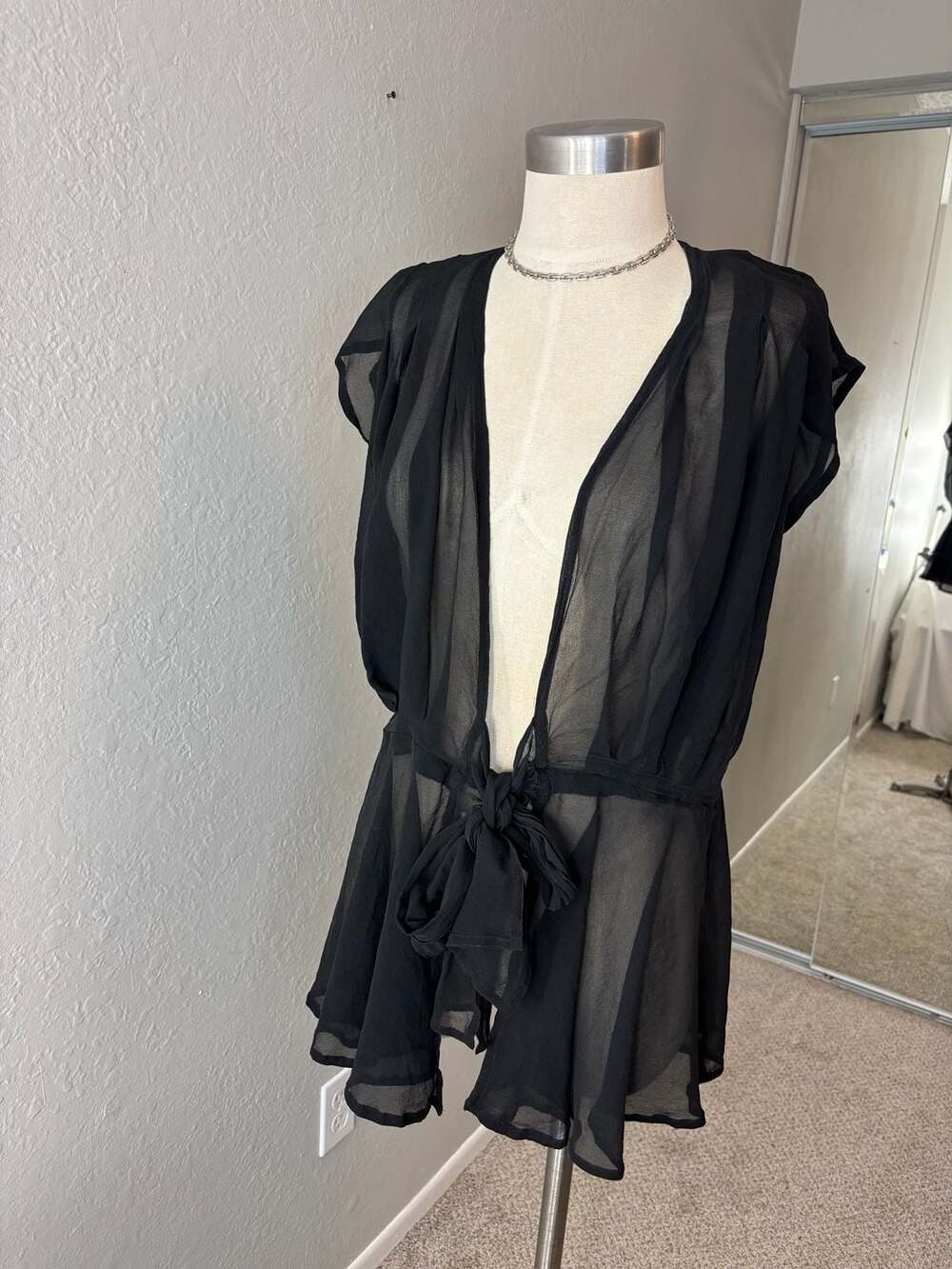 Gottex Women's Black Sheer Mesh Tie-Front Cover-Up Kimono